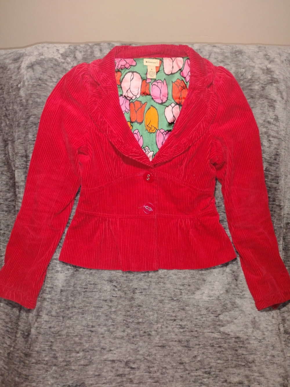Anthropologie Elevenses Red Corduroy Huff & Puff Ruffle Blazer Jacket Size 6